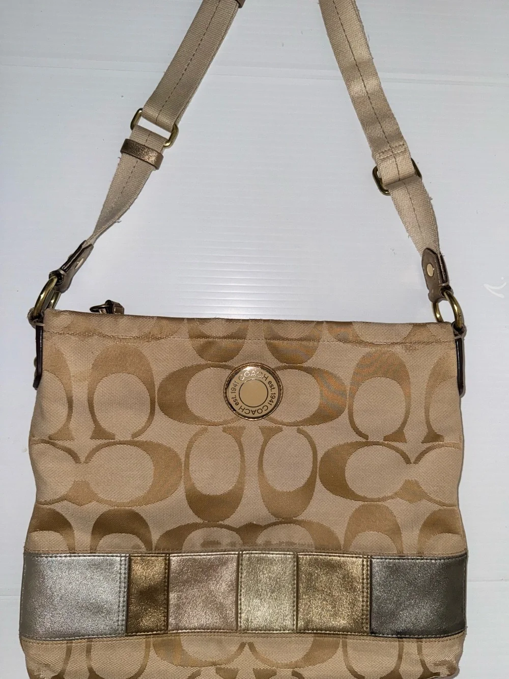 Coach Beige Signature Logo Shoulder Bag with Metallic Trim